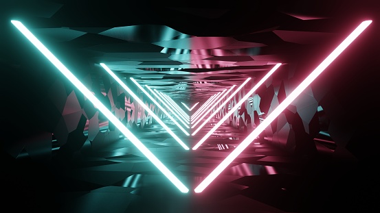 The background features a 3D of an abstract neon sci-fi corridor tunnel, digital art, video game environments.