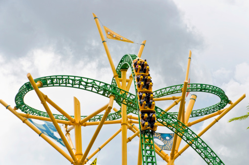 Valencia, spain - May 20, 2022: the adrenaline shoots up in an exciting ride on a roller coaster, emotions to the fullest.