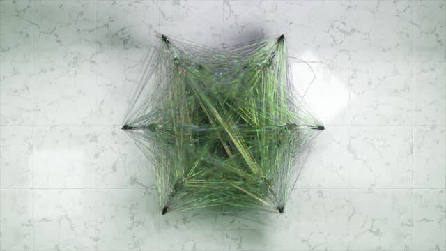 Top view of a crowd of dancing people connected by a transparent green cobweb. Geometric figure. Entanglement. Star