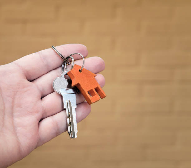 istock Open hand holding a key and a little house over a brick wall background 1540158243