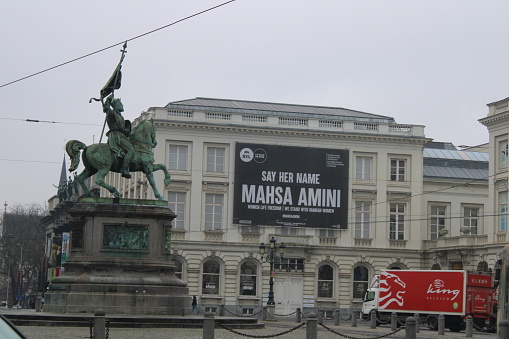 Mahsa Amini name presented on a building in Brussels after death of Mahsa Amini in Iran.