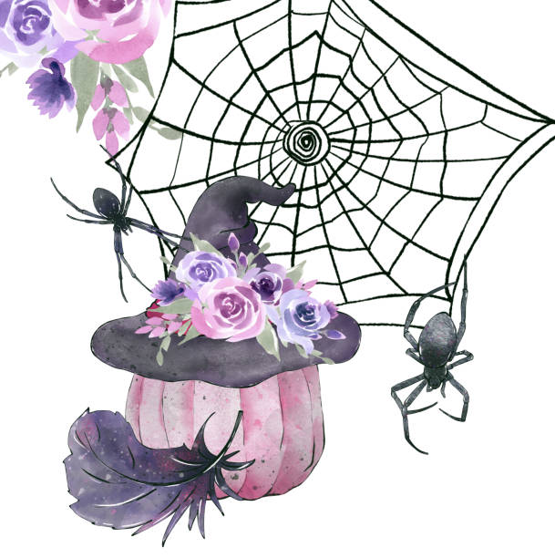 Cobweb with spiders, watercolor style illustration isolated on white background. Vintage Halloween black and pink Cobweb with spiders, watercolor style illustration isolated on white background. Vintage Halloween black and pink. spider on flower stock illustrations