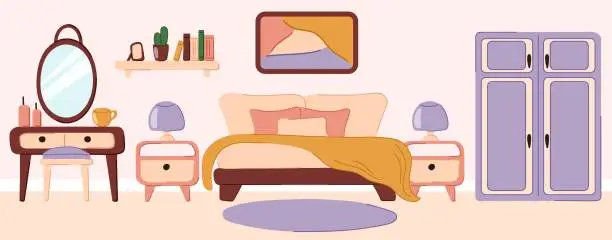 Vector illustration of Interior design bedroom with bed, wardrobe, bedside tables, mirror, vase, chandeliers, dressing table. Vector flat, doodle style illustration.