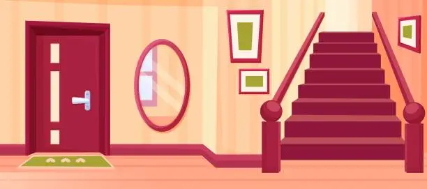 Vector illustration of Cartoon house hallway, home hall with stair, mirror and pictures on wall. Apartment entrance, empty corridor area nowaday vector location