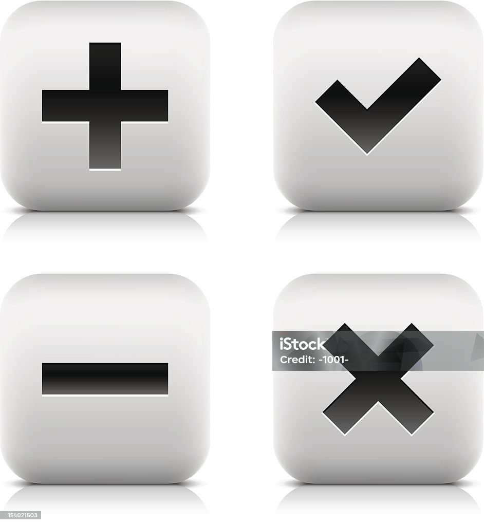 Plus, znak zaznaczenia, Minus, usuń ikony. Kwadratowy przycisk czarny znak - Grafika wektorowa royalty-free (Odejmowanie)