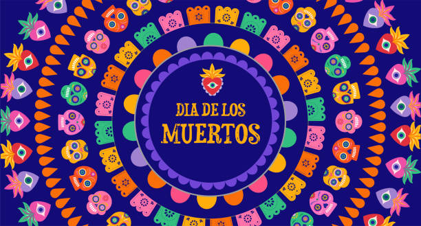 illustrazioni stock, clip art, cartoni animati e icone di tendenza di dia de los muertos, giorno dei morti astratto sfondo messicano con cerchi di ghirlande, decorazioni di carta e fiori - day of the dead skull tattoo mexico