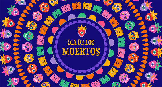 Dia de los Muertos, Day of the dead abstract Mexican background with circles of garlands, paper decorations and flowers. Vector illustration