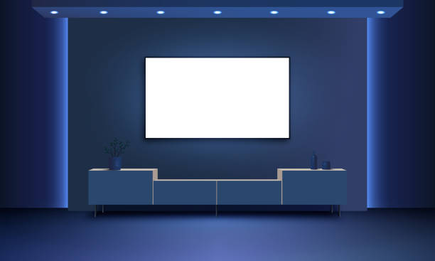 istock Wide lcd tv screen in dark living room at night. Modern house interior with glowing screen, stand, couch and floor lamp. Vector realistic illustration of flat plasma television set hanging on wall 1540224243