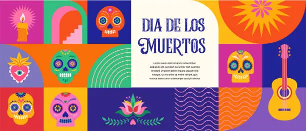 Vector illustration of Dia de los muertos, Day of the dead, Mexican holiday, festival. Vector poster, banner and card in modern geometrical style, with skulls, church, guitar and flowers