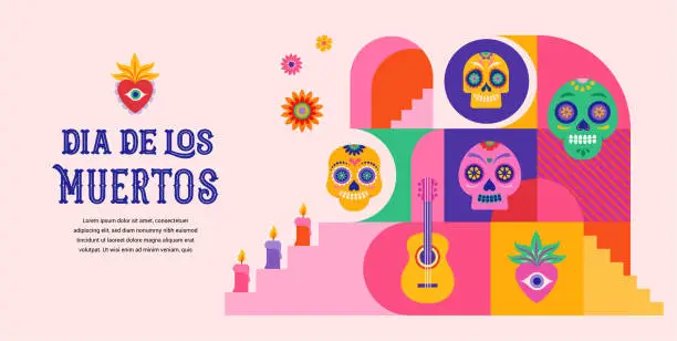 Vector illustration of Dia de los muertos, Day of the dead, Mexican holiday, festival. Vector poster, banner and card in modern geometrical style, with skulls, church, guitar and flowers