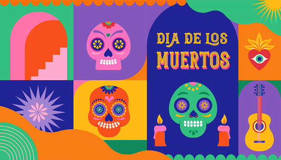 Dia de los muertos, Day of the dead, Mexican holiday, festival. Vector poster, banner and card in modern geometrical style, with skulls, church, guitar and flowers. Vector illustration