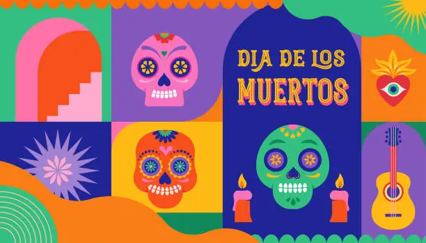 Vector illustration of Dia de los muertos, Day of the dead, Mexican holiday, festival. Vector poster, banner and card in modern geometrical style, with skulls, church, guitar and flowers