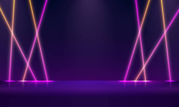 istock Abstract realistic blue 3d square pedestal podium. Sci-fi dark abstract room with vertical glowing neon lighting lines. Vector rendering mockup product display. Futuristic scene, Stage for showcase. Black podium with line vertical neon light 1540224829