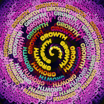 GROWTH: Captivating bidimensional illustration where words take center stage. The repeated spiral arrangement creates an intriguing visual effect, emphasizing the impact of the fonts and capital letters. CGI