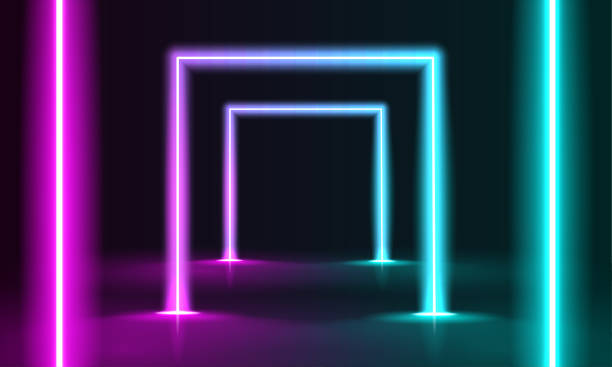 istock Vector 3d render, abstract black background with red pink blue neon geometric line glowing in ultraviolet spectrum, square frame. Neon Football goal, socker 1540231927