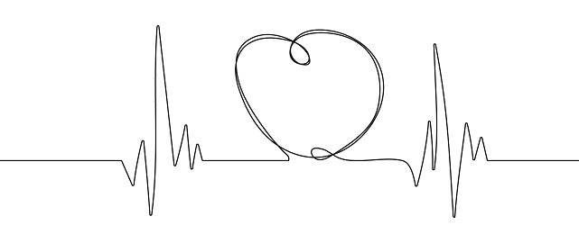 Heartbeat continuous vector. Cardiogram one line drawing heart icon. Beautiful healthcare, medical background pulse logo. Heartbeat sign, cardiogram.