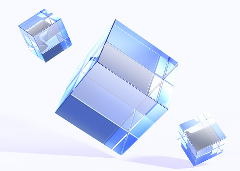 Glass cubes or blocks with blue light refraction, crystal square boxes with holographic gradient, 3d render background. Flying abstract geometric acrylic shapes, technology design. 3D illustration