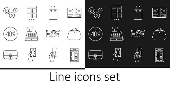 Set line Online shopping on phone Wallet Paper bag Cash register machine Ten discount percent tag Coin money Crumpled paper cash and mobile icon. Vector.