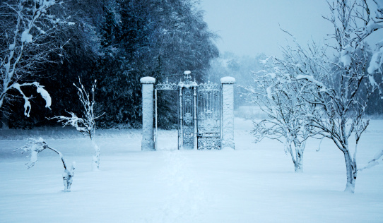 This is a gate from inside the Royal Military Acadamey Sandhurst caught just after a snowfall.