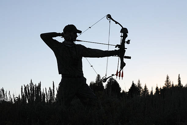 archery silhouette silhouette of archery hunter drawing bow back archery bow stock pictures, royalty-free photos & images