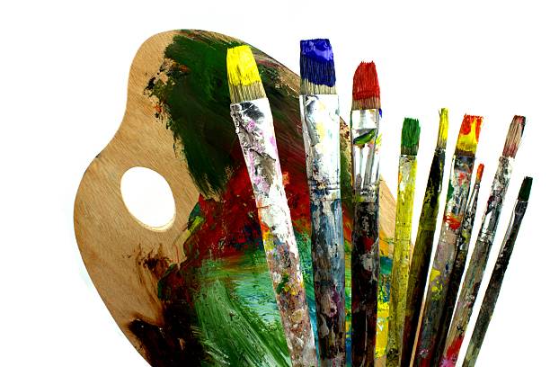 istock Used paint brushes and palette. 154027654