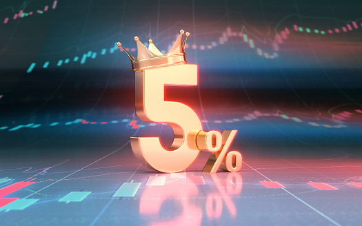 3d render King Crown 5 Percent Sign sitting on Finance chart (Depth Of Field)