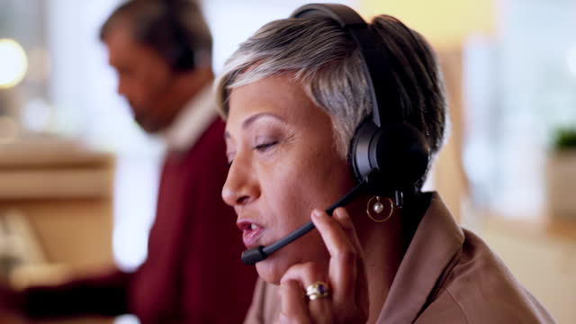 Customer service, sales consultant woman talking to client and microphone in office. Communication, insurance or telemarketing and female receptionist or call center agent having a conversation