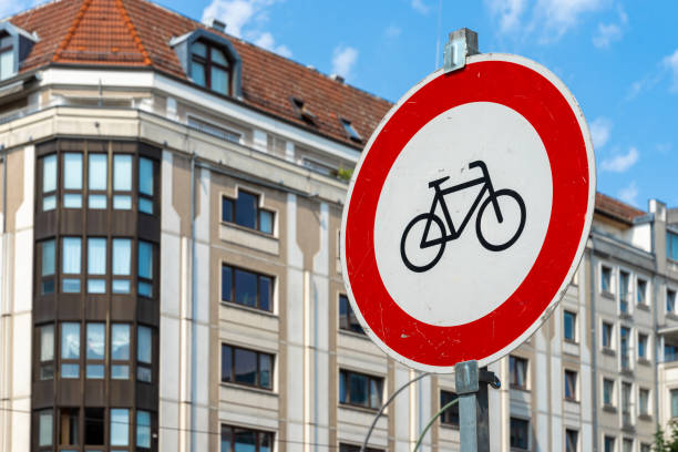 Low angle view of traffic sign cycling not allowed , Berlin central