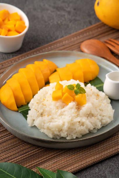 istock Delicious Thai mango sticky rice with cut fresh mango fruit in a plate. 1540312794