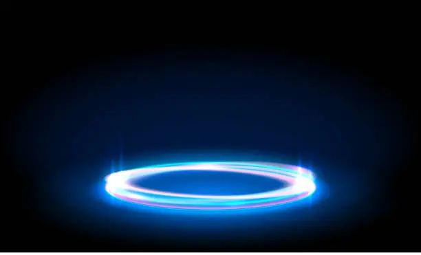 Vector illustration of Glow neon circle. Blue glowing ring on floor. Abstract hi-tech background for display product. Vector template. Portal frame, futuristic concept