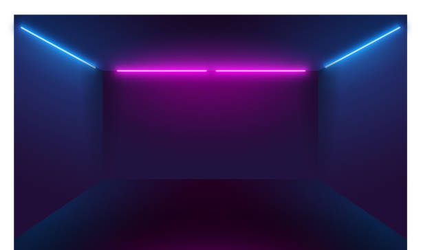 istock Vector 3D Illustration of cyberpunk neon perspective grid space with glowing lines on purple background. Neon square frame with shining effects on dark background. 1540315439