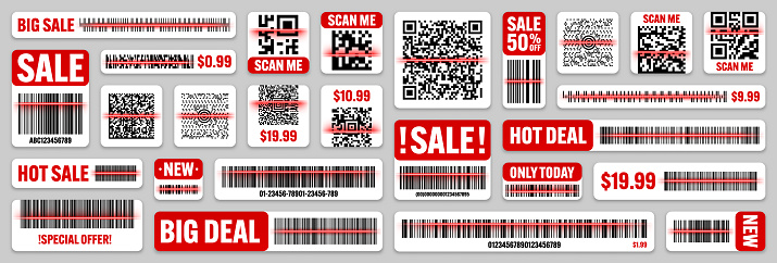 Barcode Sticker Red Product Barcodes And Qr Codes With Red Scanning Line Sale Stickers ...