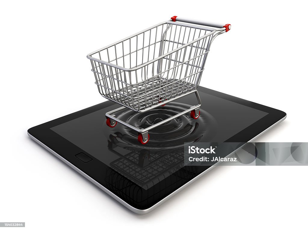 Cart over tablet A shopping cart emerging from a tablet pc, symbol of the ability to buy from a mobile device Digital Tablet Stock Photo