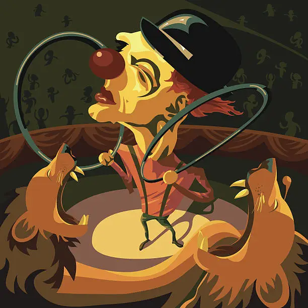 Vector illustration of Circus Clown Taming Two Lions