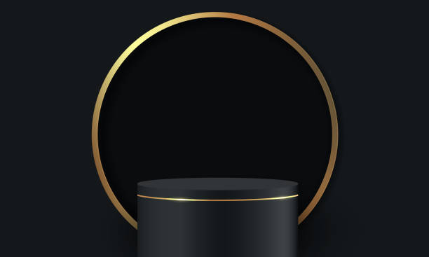 istock 3D abstract studio room with pedestal podium. black geometric platform with golden glitter in rectangle shape backdrop. Luxury scene for demonstration of cosmetic products, Showcase, Promotion display 1540336855