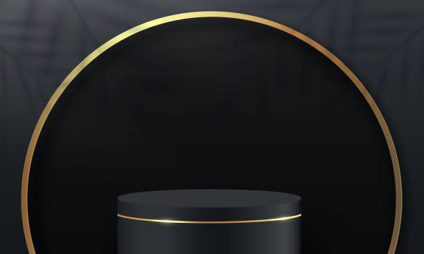 istock 3D abstract studio room with pedestal podium. black geometric platform with golden glitter in rectangle shape backdrop. Luxury scene for demonstration of cosmetic products, Showcase, Promotion display 1540337466