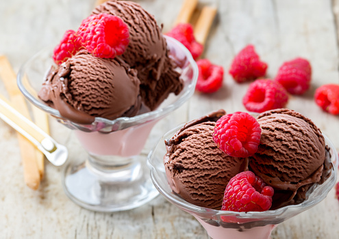 Vanilla and chocolate ice cream with raspberries