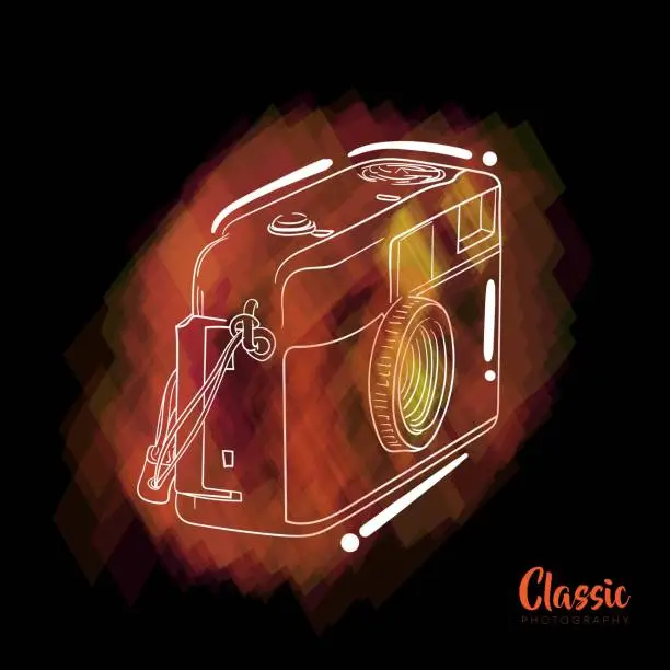 Vector illustration of Hand drawn design of pocket camera with orange water painting background for photography design