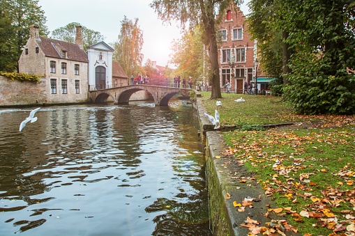 Bruges, Belgium. Autumn on the Beguinage Bridge (Begijnhofbrug). Minnewaterpark canal. Historic center of the city (Brugge). West Flanders Province.