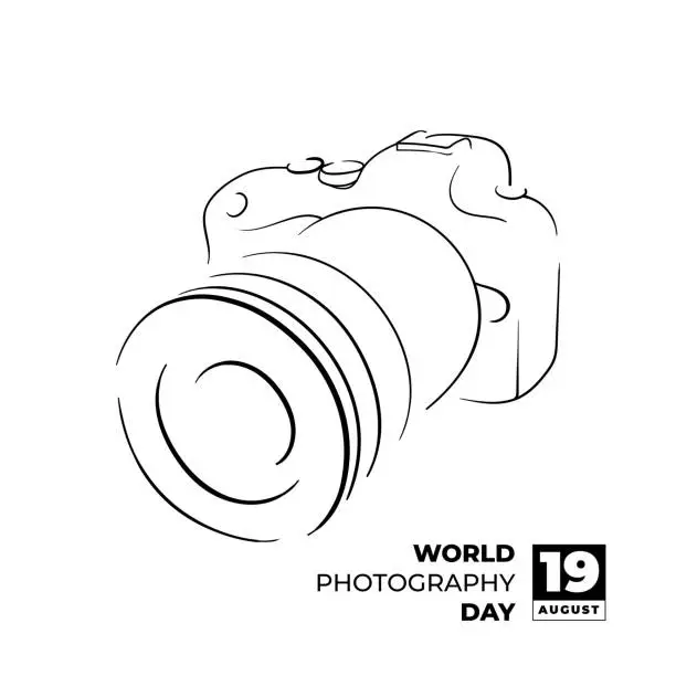 Vector illustration of Simple hand drawn design with line art of camera for photography day template