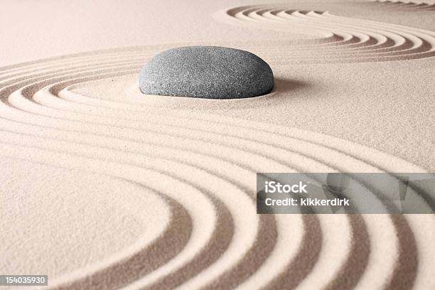 A Japanese Zen Garden With Lines In Sand And A Gray Rock Stock Photo - Download Image Now