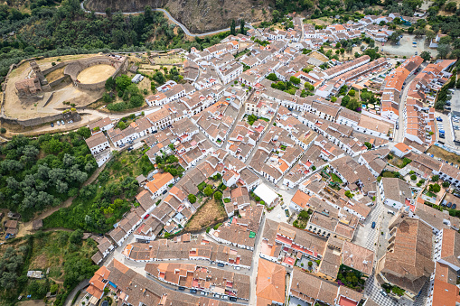Aerial fly over above Almonaster la Real in Spain