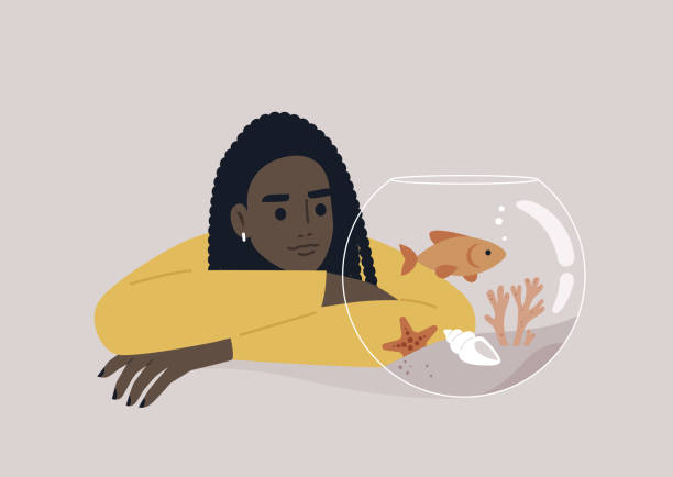 illustrations, cliparts, dessins animés et icônes de un jeune africain regardant un poisson rouge nager dans un réservoir d’eau rond - fish tank