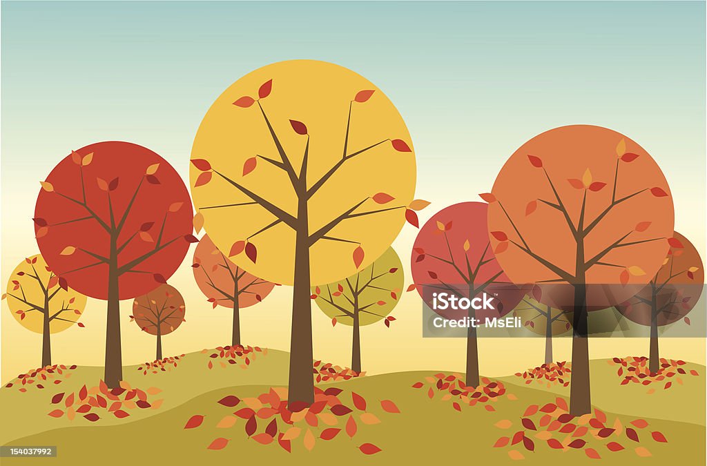 Illustration of a forest in autumn with leaves falling A colorful retro-styled forest in autumn.  Colorful fallen leaves gather around the base of each tree. Autumn stock vector