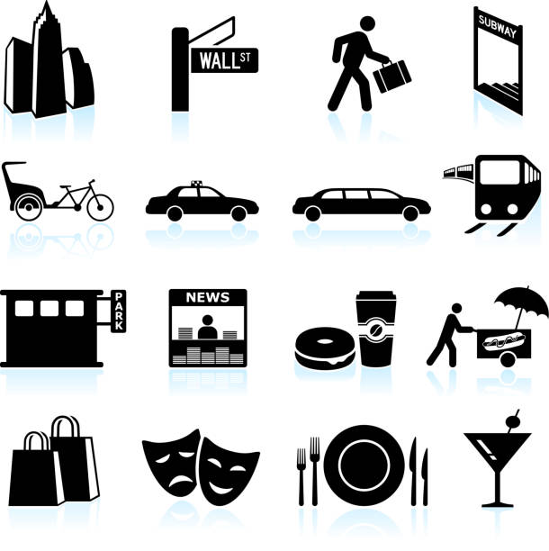 city life schwarz & weiß lizenzfreie vektor icon-set - apple martini stock-grafiken, -clipart, -cartoons und -symbole