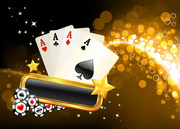 Vector illustration of four aces on golden glow Background