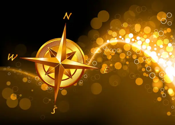 Vector illustration of Golden Compass on defocused lights Background