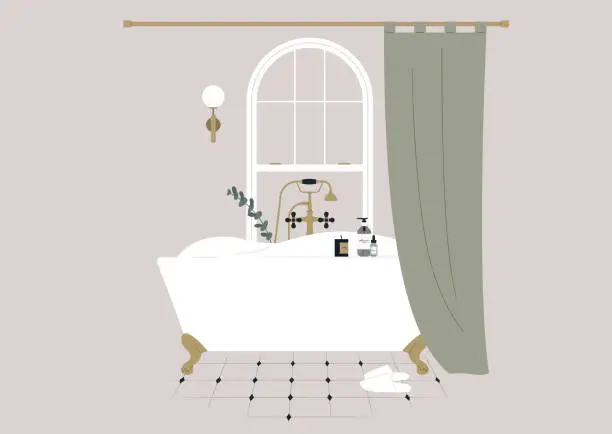 Vector illustration of Taking a relaxing bath with soap foam, a claw foot vintage tub behind the curtain