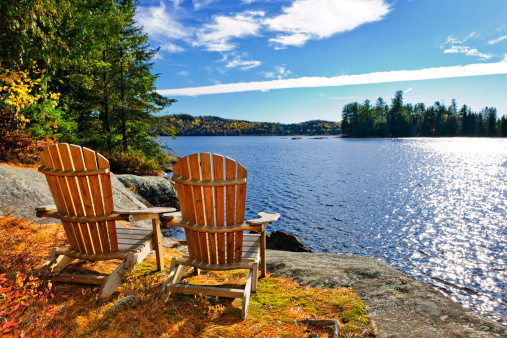 Adirondack chairs at lake shore