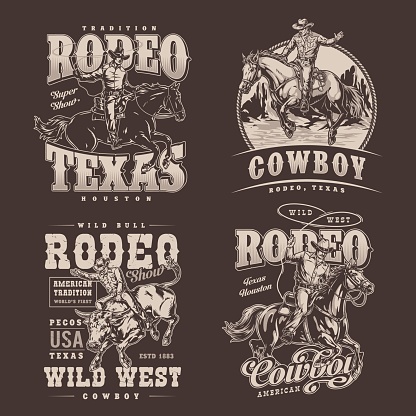 Texas rodeo monochrome set flyers with bold men dressed as cowboys riding stallions or rabid bulls vector illustration